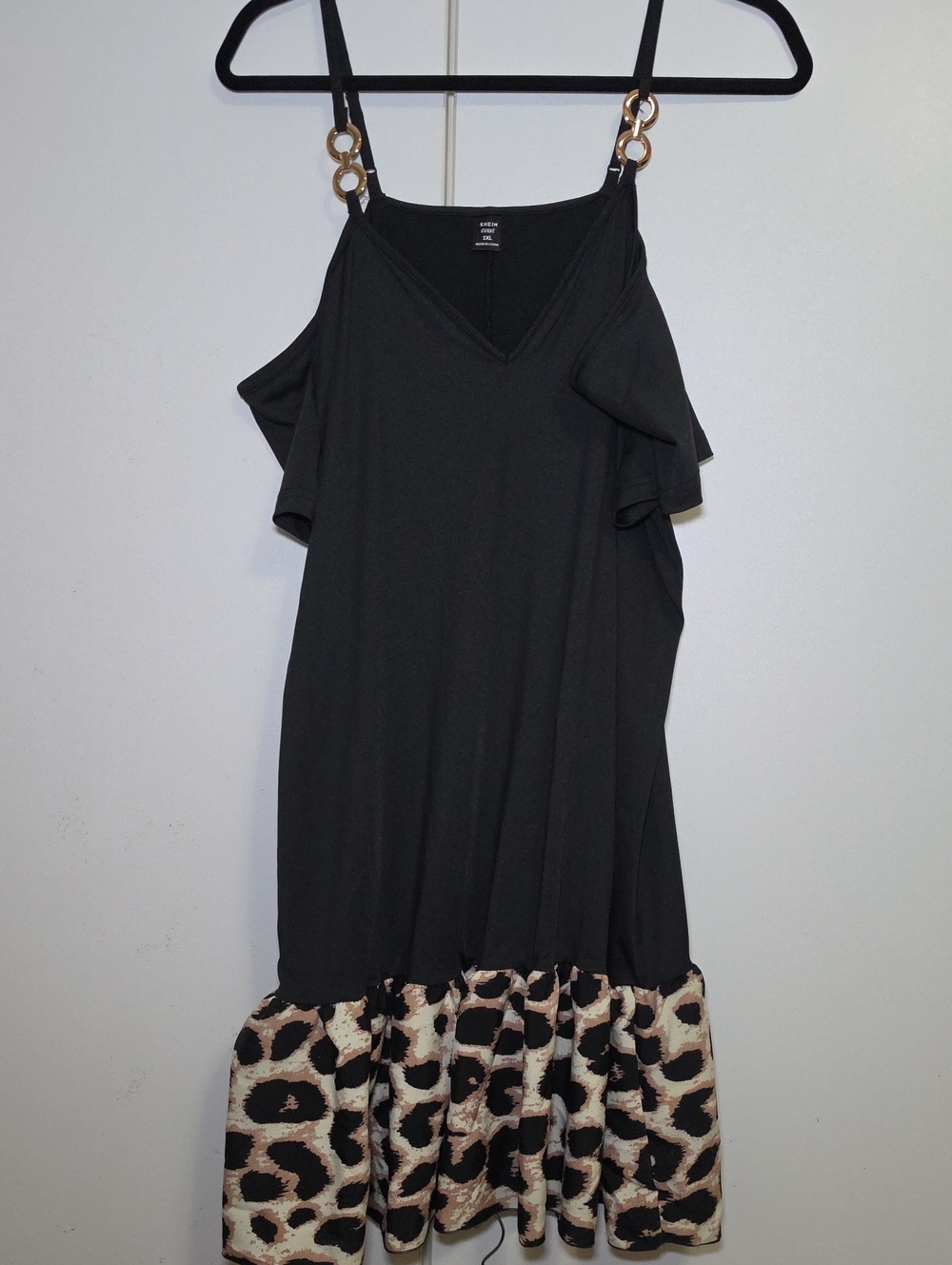 SHEIN Black Cold-Shoulder Dress with Leopard Ruffle Hem